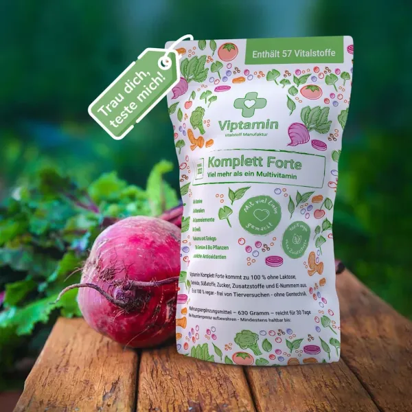 Viptamin Komplett Forte – Multivitamin-Pulver mit Vitaminen, Mineralstoffen, Pflanzenextrakten und Protein – vegan – 585 g